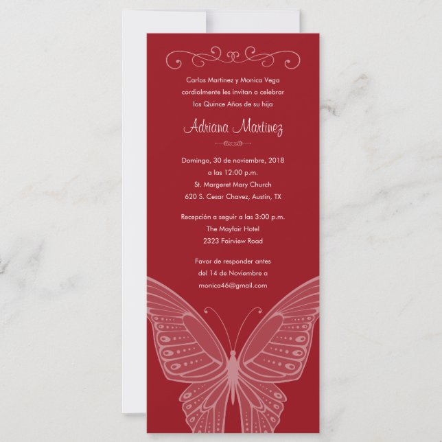 Invitaciones a la quinceañera de mariposa roja (Anverso)