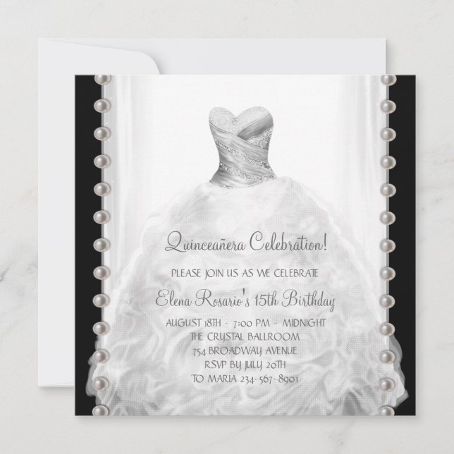 Invitaciones a la quinceañera en blanco y negro (Anverso)