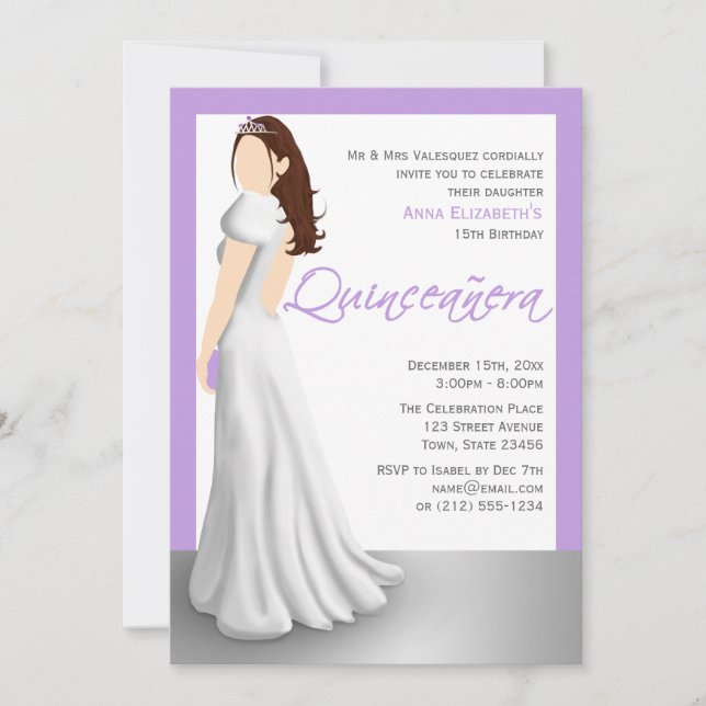 Invitaciones a la Quinceañera Púrpura de Vestido B (Anverso)