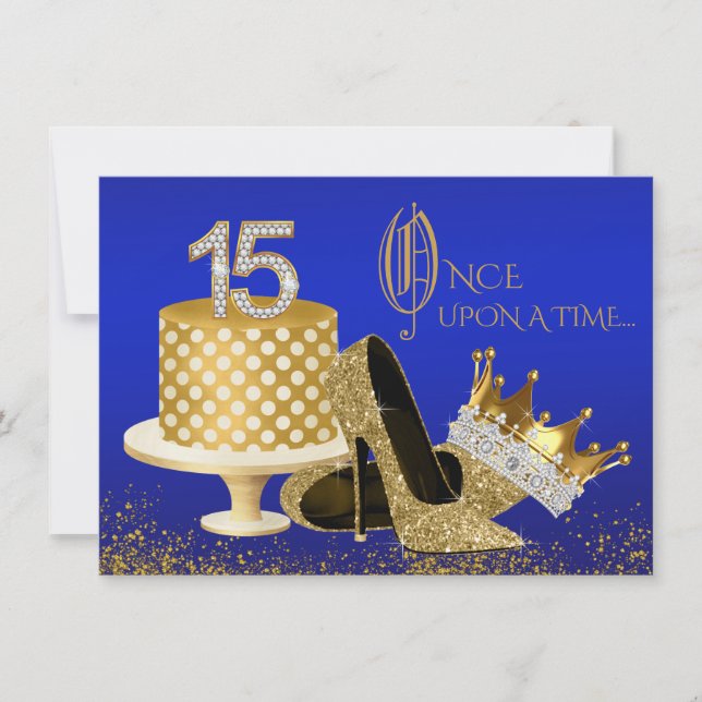Invitaciones a la Quinceanera Real Azul y Oro (Anverso)