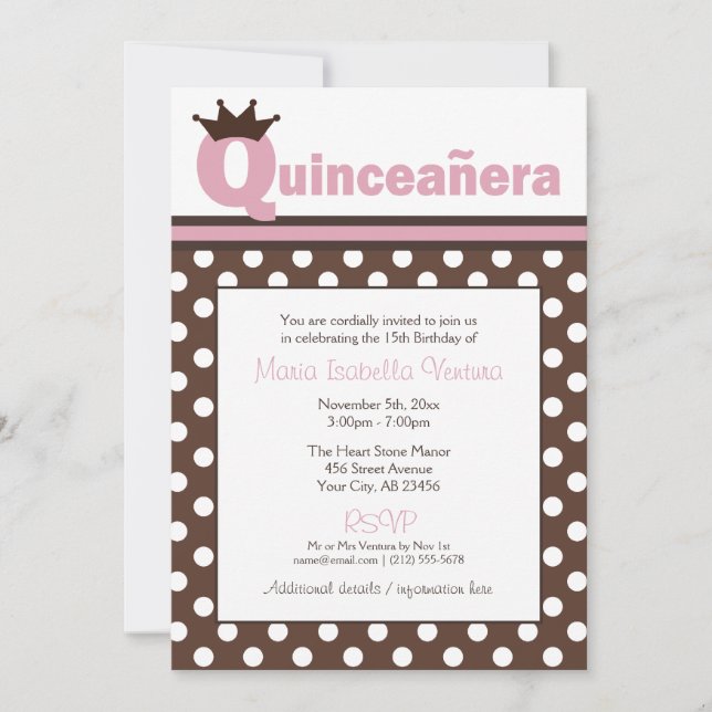 Invitaciones a la Quinceañera Rosa y Punto de Polk (Anverso)