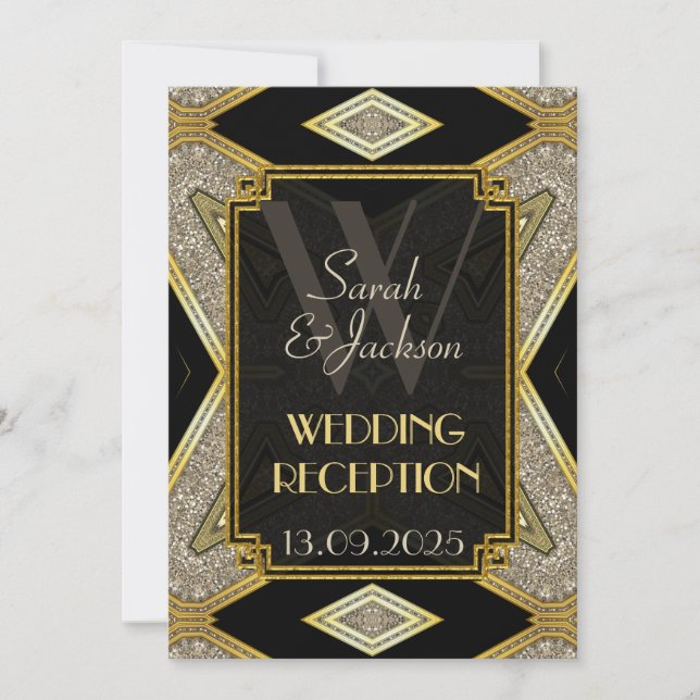 Invitaciones a la recepción Art Deco Gold Black We (Anverso)