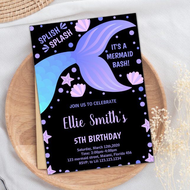 Invitaciones a la sirena de la cubierta azul morad (Black Purple Blue Tail Shell Mermaid Invitations)