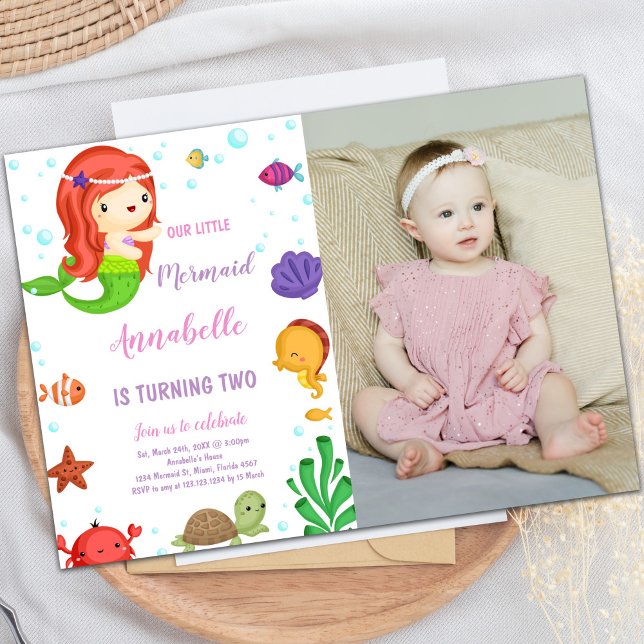 Invitaciones a la sirena de pelo de pequeños Naran (Little Orange Hair Mermaid Invitations with photo)