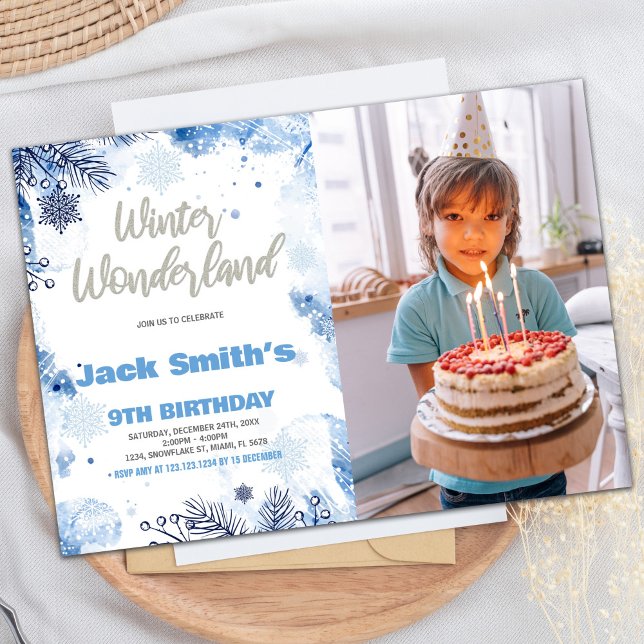 Invitaciones a la Tierra de las Maravillas de Invi (Winter Wonderland Invitations Blue with photo)