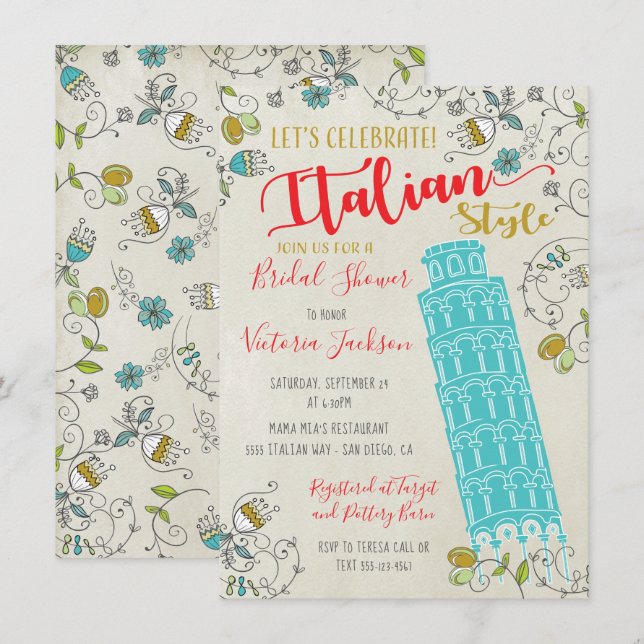 Invitaciones a la Torre Italiana de Pisa Bridal Sh (Anverso / Reverso)