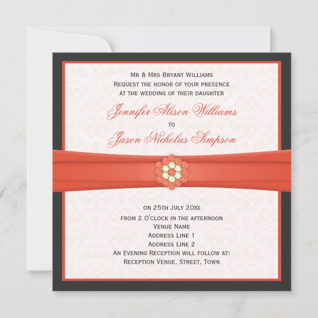 Invitaciones a las joyas Bodas gris y tangerinas (Anverso)