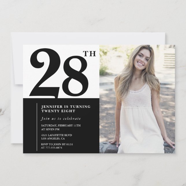 Invitaciones a los cumpleaños 28 de Black White Ph (Anverso)