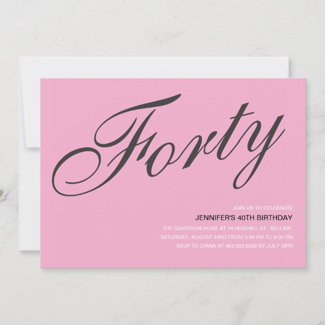 Invitaciones a los cumpleaños 40 en negro y rosa (Anverso)