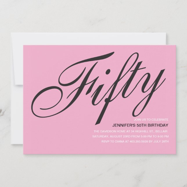 Invitaciones a los cumpleaños 50 en negro y rosa (Anverso)