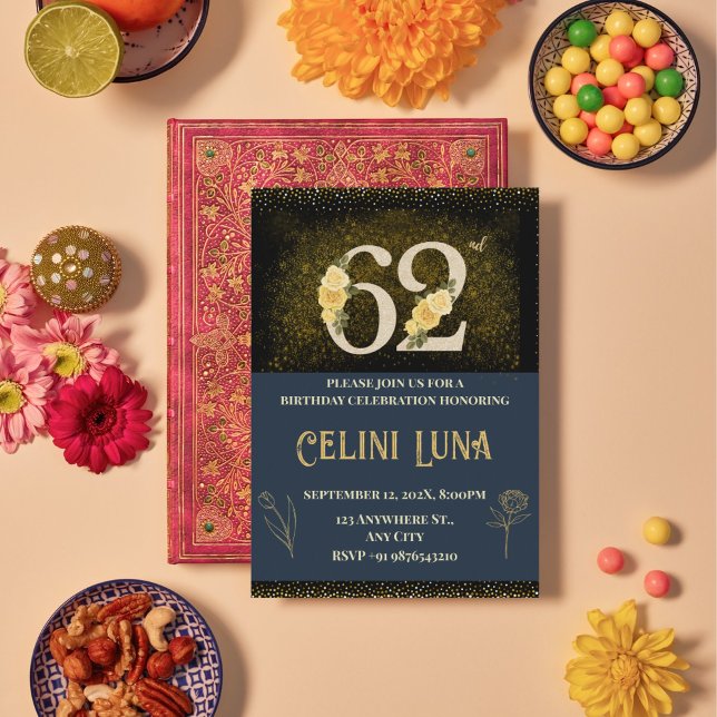 Invitaciones a los cumpleaños 62 Gold y Black (Gold & Black 62nd Birthday Invitations)