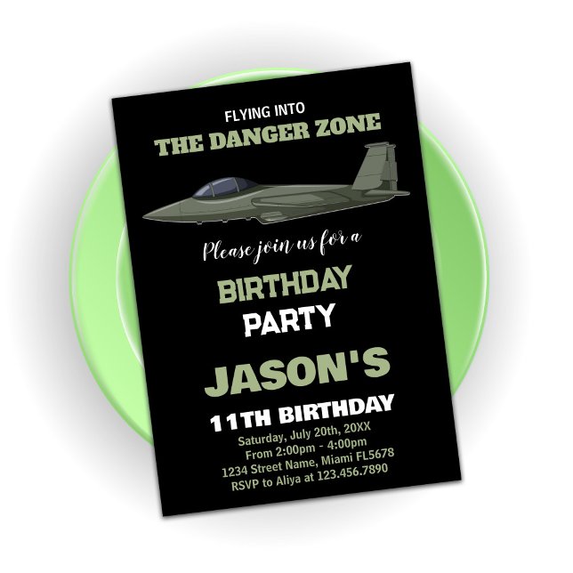 Invitaciones a los cumpleaños de Fighter Jet Green (Fighter Jet Birthday Invitations Green Dark)