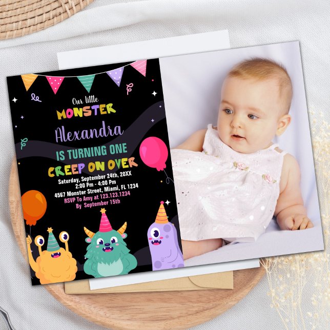 Invitaciones a los cumpleaños del monstruo Balón r (Monster Birthday Invitations Pink Ballon w Photo)