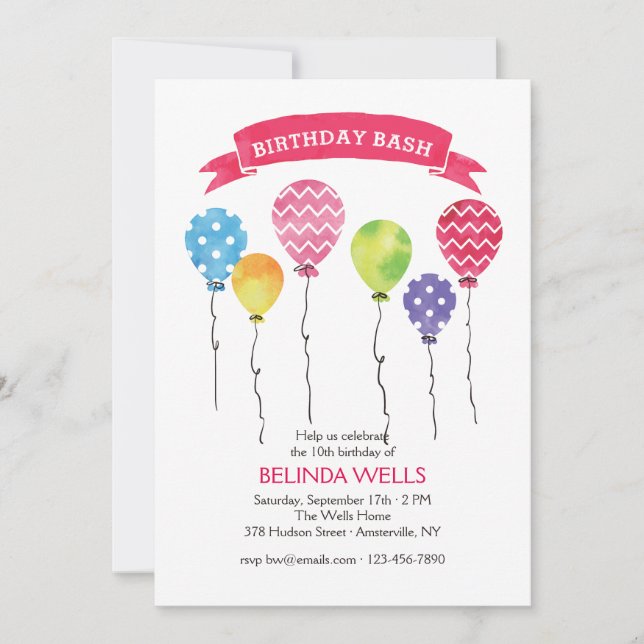 Invitaciones a los globos de cumpleaños (Anverso)