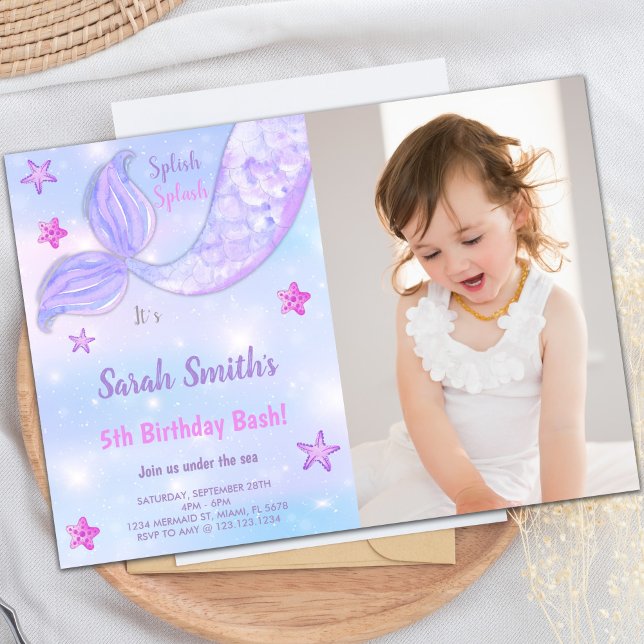 Invitaciones a los niños de la fiesta del Océano p (Mermaid Birthday Invitations under the sea w photo)