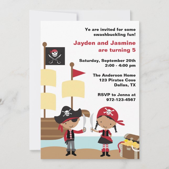Invitaciones a los piratas Chicas y niños afroamer (Anverso)