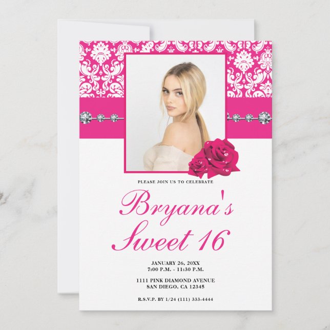 Invitaciones a los Rosas rosados calientes y a los (Anverso)