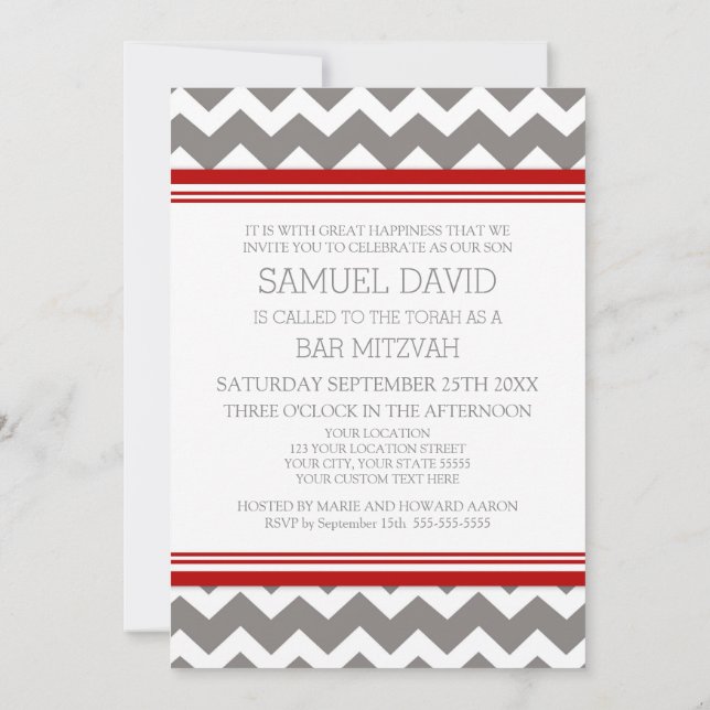 Invitaciones a Mitzvah Chevron Bar Rojo Gris (Reverso)