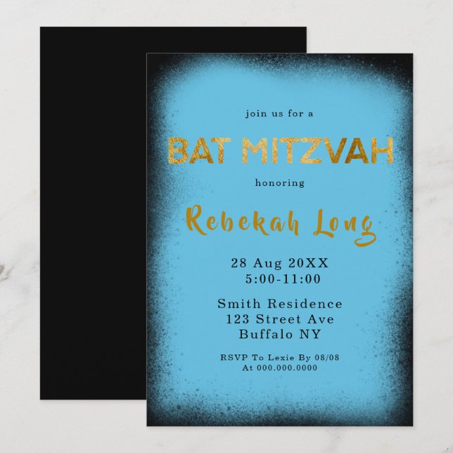 Invitaciones a Mitzvah de Bat de Humo Azul Negro y (Anverso / Reverso)