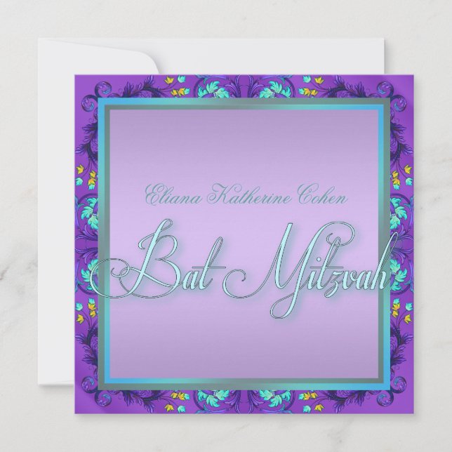 Invitaciones a Mitzvah de Bat Morado Azul verde az (Anverso)