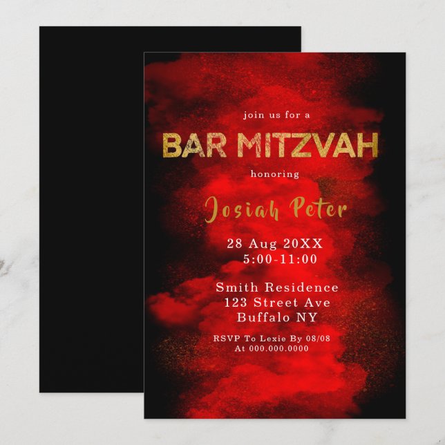 Invitaciones a Mitzvah de Black and Red Smoke Bar (Anverso / Reverso)