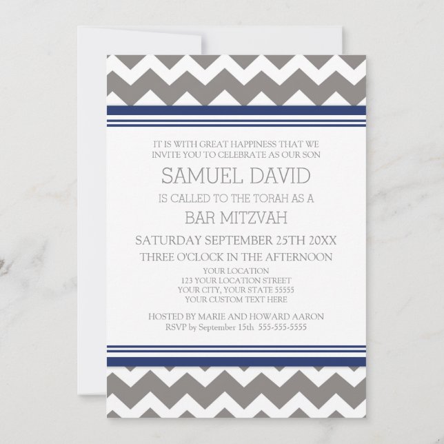 Invitaciones a Mitzvah de Blue Gray Chevron Bar (Reverso)