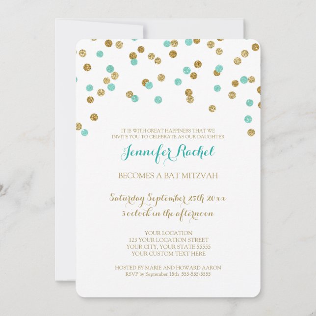 Invitaciones a Mitzvah de oro Blue Aqua Confetti B (Reverso)