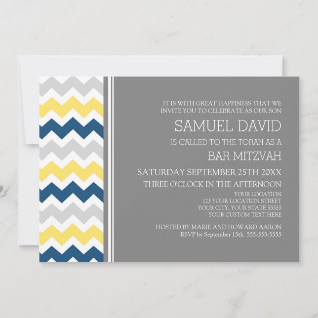 Invitaciones a Mitzvah del bar Chevron Color Azul  (Reverso)