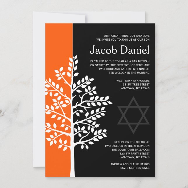 Invitaciones a Mitzvah del bar del árbol negro nar (Anverso)
