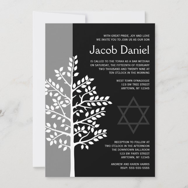Invitaciones a Mitzvah del Bar Gray Black Tree of  (Anverso)