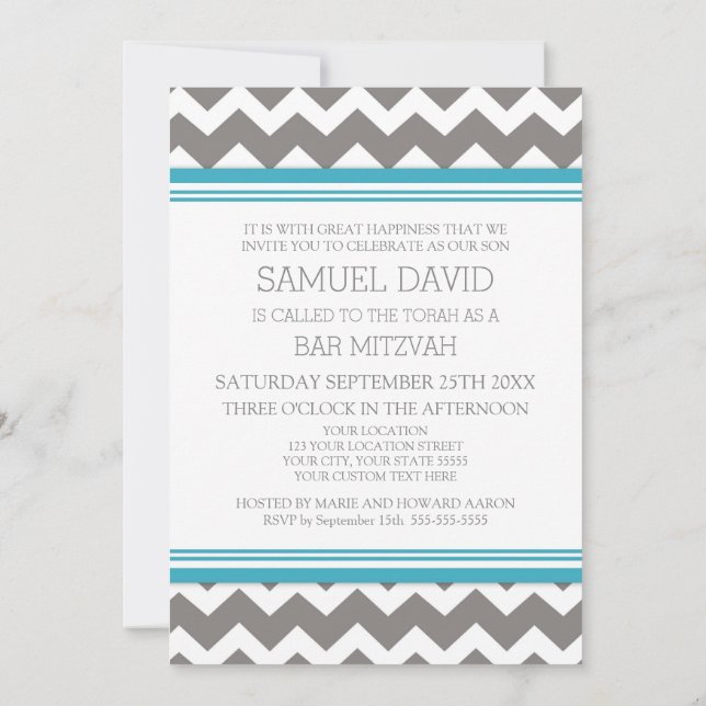 Invitaciones a Mitzvah del Bar Gris Chevron verde  (Reverso)