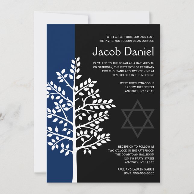 Invitaciones a Mitzvah del bar Navy Black Tree of  (Anverso)