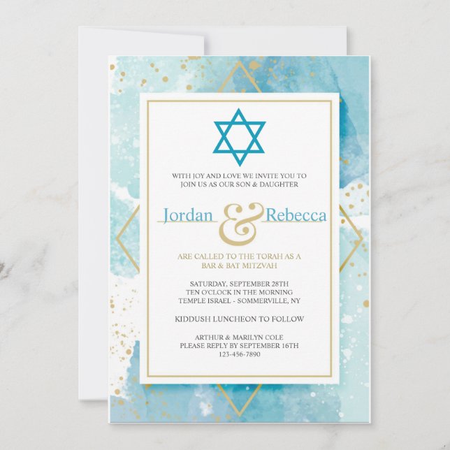 Invitaciones a Mitzvah Gold y Turquoise (Anverso)