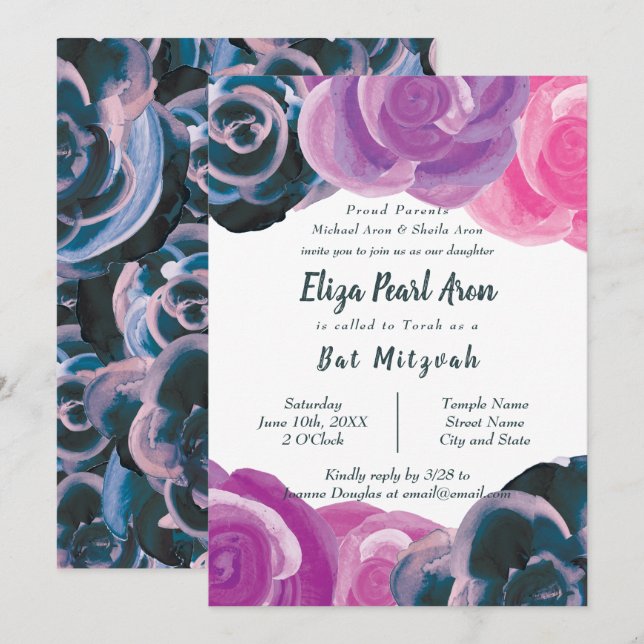 Invitaciones a Mitzvah por Blue, Violet, Pink Rose (Anverso / Reverso)
