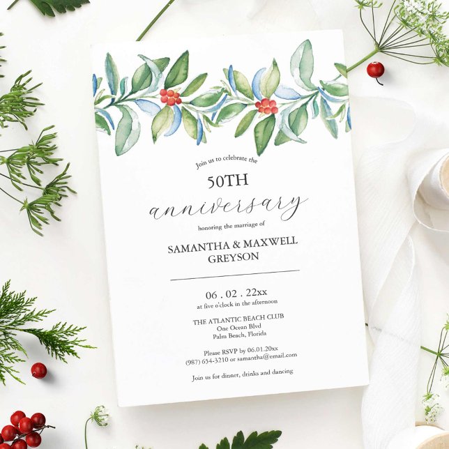 Invitaciones a Navidades de aniversario de boda Gr (50th Anniversary Invitations watercolor winter red berries and greenery art by Victoria Grigaliunas)