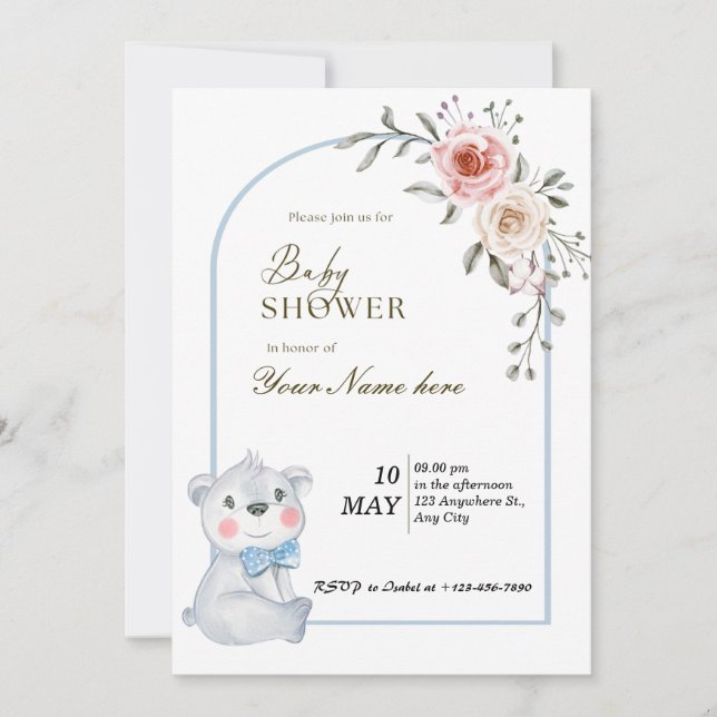 Invitaciones a niños con ducha de oso azul blanco (Anverso)