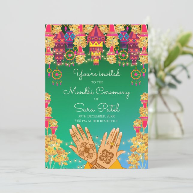 invitaciones a noche de mehndi y fiesta de henna (Anverso de pie)