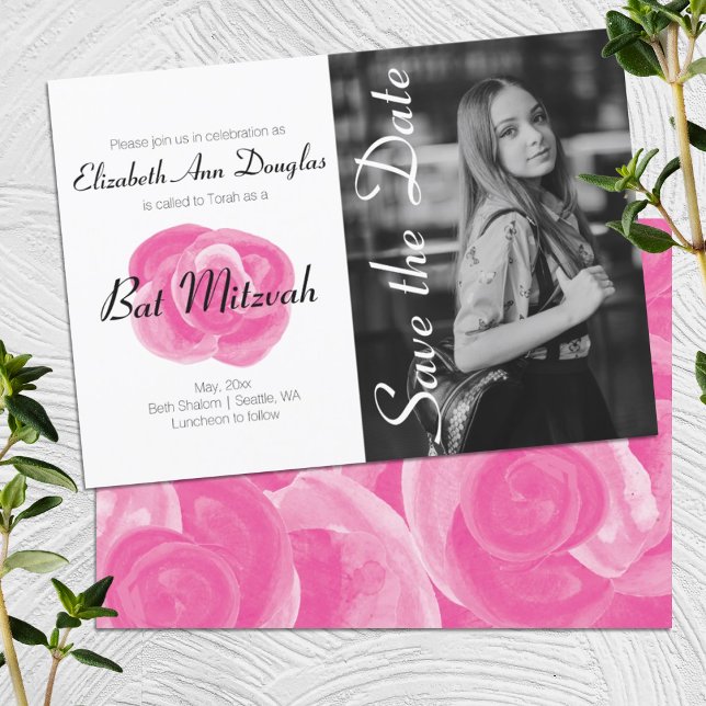 Invitaciones a Pink Rose Bat Mitzvah (Girlie pink, bold pink rose bat mitzvah invitation with photo, simple pink black white photo design)