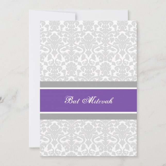 Invitaciones a Plum Gray Damask Bat Mitzvah (Anverso)