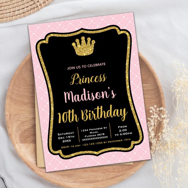 Invitaciones a Princesas de la Corona de Fram Rosa (Black Pink Fram Crown Princess Invitations)