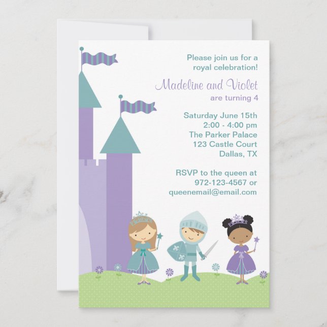 Invitaciones a princesas y caballeros verde azulad (Anverso)