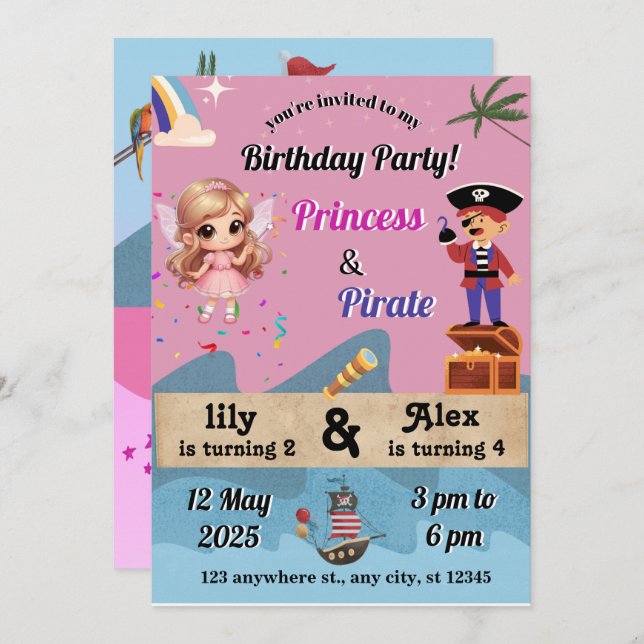 invitaciones a princesas y piratas (Anverso / Reverso)