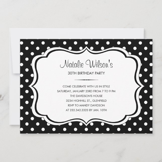 Invitaciones a puntos de polka blanco y negro (Anverso)