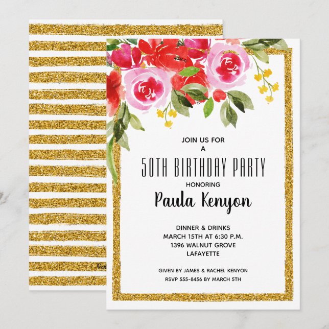 Invitaciones a Purpurinas de cumpleaños 50 de Flor (Anverso / Reverso)