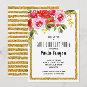 Invitaciones a Purpurinas de cumpleaños 50 de Flor