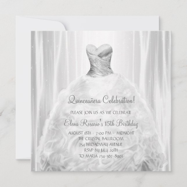 Invitaciones a Quinceanera blanca con vestimenta f (Anverso)