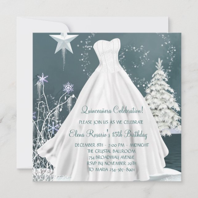 Invitaciones a Quinceanera con copos de nieve azul (Anverso)