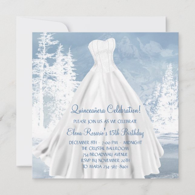 Invitaciones a Quinceanera con copos de nieve azul (Anverso)