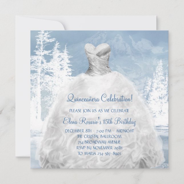 Invitaciones a Quinceanera con copos de nieve azul (Anverso)