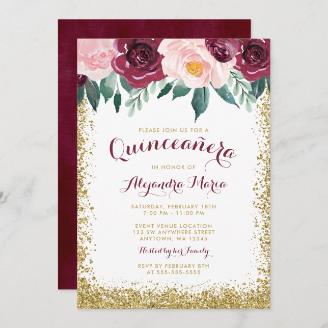 Invitaciones a Quinceanera con flores de oro de Bo (Anverso / Reverso)